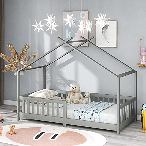 Kinderbett Hausbett 90x200 cm Rausfallschutz Bett, Holzbett für Kids, Mit Rausfallschutz und Lattenrost, für Kinder(Grau) von KUAKE