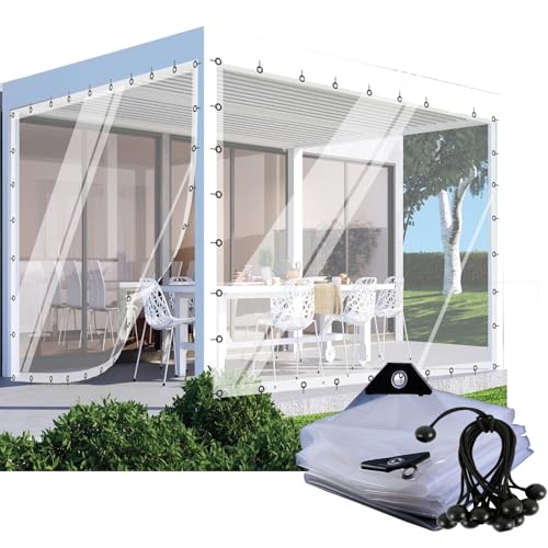 POCHY Outdoor Vorhänge Transparent Pergola Pavillon Seitenwände PVC Plane Seitenteile mit Ösen, für Terrasse Veranda Balkon (2.5x2.5m) von KUBAOS