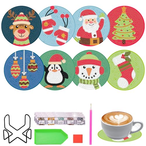 8 Stück Diamond Painting Untersetzer Weihnachten DIY Set für Kinder Erwachsene Basteln,Weihnachten Geschenk,Weihnachtsdeko Tisch fur Tassen,Vasen,Kerzen von KUBFDL