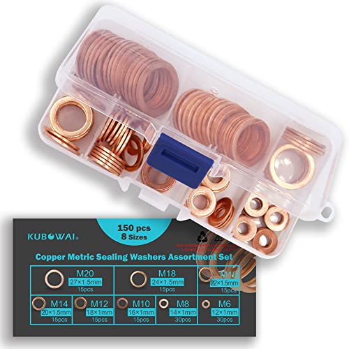 KUBOWAI 150 teiliges M6-M20 Kupferdichtungs Sortiment Set, Kupfer Flachdichtung, Dichtungs Kupferring, Ablassstopfen Dichtung mit Aufbewahrungsbox (8 Größen) von KUBOWAI