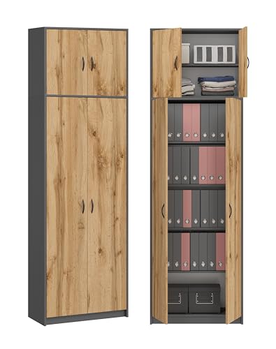 Hoher Büroschrank Aktenschrank Kleiderschrank mit 4 Türen und 7 Fächern Haushaltsschrank Mehrzweckschrank 235x74x35cm (Grafit/Eiche Wotan) von KUBUTKU