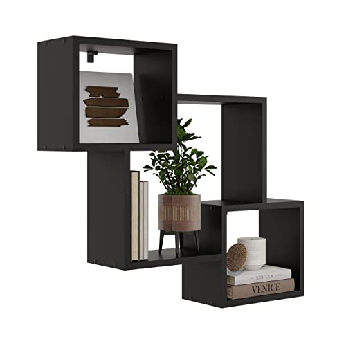 KUBUTKU Dekorativ Wandregal mit 3 Böden 78x71x18 Design Skandinavischer Modern für Wohnzimmer Küche Büro Schlafzimmer Badezimmer Hängeregal zur Präsentation Bücherregal (Schwarze) von KUBUTKU