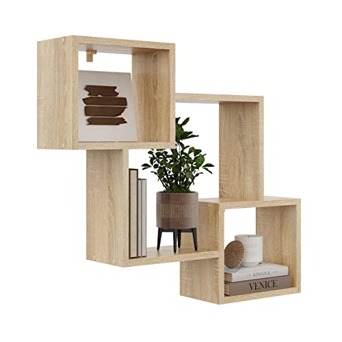 KUBUTKU Dekorativ Wandregal mit 3 Böden 78x71x18 Design Skandinavischer Modern für Wohnzimmer Küche Büro Schlafzimmer Badezimmer Hängeregal zur Präsentation Bücherregal (Sonoma) von KUBUTKU