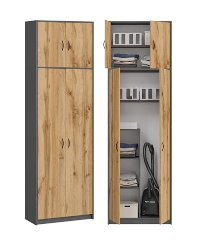 KUBUTKU Hoher Mehrzweckschrank Besenschrank Haushaltsschrank Praktische Schrank für Staubsauger Besen 235x74x35cm (Grafit/Eiche Wotan) von KUBUTKU