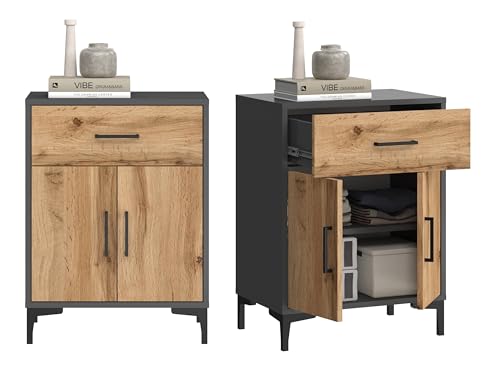 KUBUTKU Kommode Moderner Sideboard Mehrzweckschrank mit 2 Türen und 1 Schublade 80x60x36,5cm Grafit/Eiche Wotan von KUBUTKU