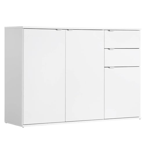 KUBUTKU Kommode Sideboard Mehrzweckschrank für Wohnzimmer Schlafzimmer Flur Büro Weiß (111x80x35cm 3Türen 2Schubladen) von KUBUTKU