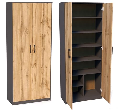KUBUTKU Praktische Schrank 180 cm Kleiderschrank mit 2 Türen 6 Ablagen Groß Mehrzweckschrank Büroschrank Haushaltsschrank (Graphit/Wotan) von KUBUTKU