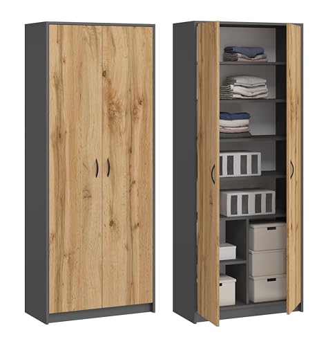 Mehrzweckschrank Aktenschrank mit 2 Türen und 8 Fächern Bücherregal Büroschrank Haushaltsschrank 180x74x35cm (Grafit/Eiche Wotan) von KUBUTKU