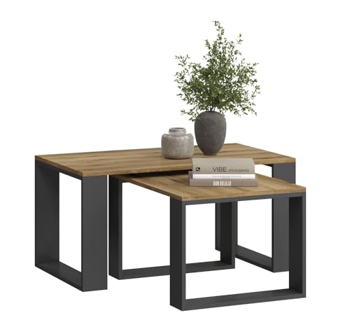 Wohnzimmertisch 2er Set in 2 Größen – Moderner Couchtisch 90x50x44 cm und 65x50x40 cm, Grafit/Eiche Wotan von KUBUTKU