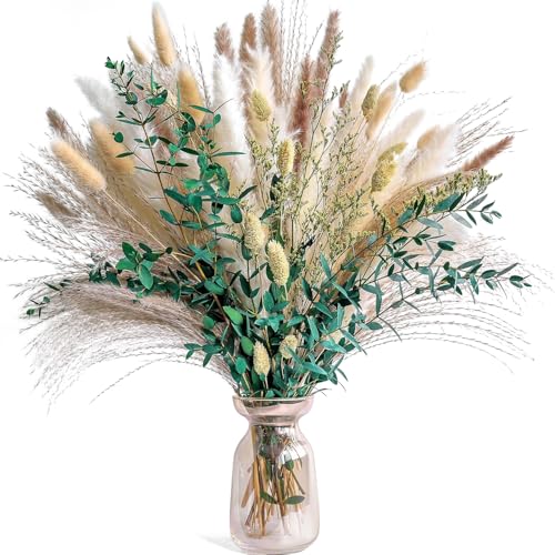 Natürliche Pampasgras Deko 75 Stück DIY Trockenblumen für Tischdeko Pampasgras Getrocknet Strauss Eukalyptus Ideal for Boho Deko Wohnzimmer Schlafzimmer Vasen Hochzeit Deko von KUDLE