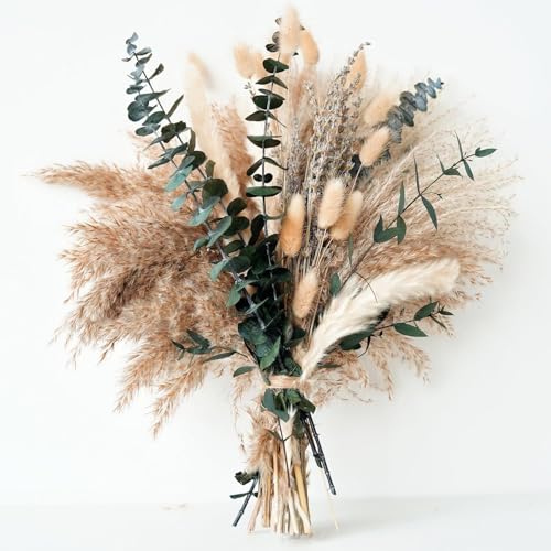 Pampasgras Deko, Esszimmertisch Deko Tischdeko Pampasgras Dekor Getrocknet Natürliche Trockenblumen Grünpampasgras Lavendel Eukalyptus Blumenstrauß für Wohnzimmer Boho Dekor Blumen Hochzeitstischdeko von KUDLE