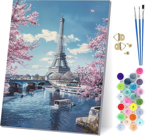 Malen Nach Zahlen Erwachsene Eiffelturm Malen Nach Zahlen, DIY Set Erwachsene Landschaft, Paint by Numbers Kits mit 3 Pinseln und Pigment, für Deko Wohnzimmer und Wanddeko Geschenke 40x50cm F-6965 von KUEAJIOU