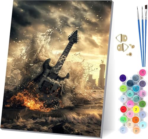 Malen Nach Zahlen Erwachsene Gitarre Malen Nach Zahlen, DIY Set Erwachsene Flamme, Paint by Numbers Kits mit 3 Pinseln und Pigment, für Deko Wohnzimmer und Heimdekoration Geschenke 50x65cm 2-6319 von KUEAJIOU