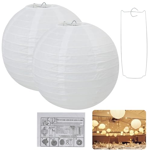 2 PCS Kugelrunde Weiße Papierlaternen, Lampenschirm aus Reispapier mit Metallrahmen, 20 cm für Party und Hochzeit Dekoration von KUEEA