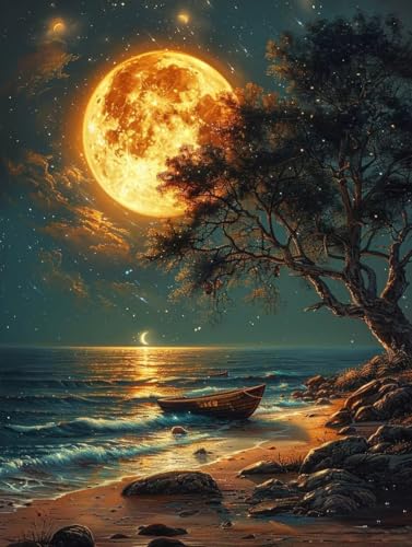 Diamond Painting Strand, Mond 5D Diamond Painting Erwachsene, DIY Basteln Erwachsene, Vollbohrer Diamant Kunst Stickerei Kreuzstich Kits, Deko Wohnzimmer und Wanddeko, Geschenke 60X80cm A-3045 von KUEGDUNG