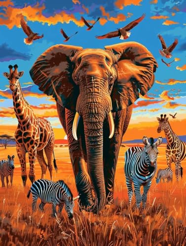 Diamond Painting Tier, 5D Diamond Painting Erwachsene Sonnenuntergang, DIY Basteln Erwachsene, Mosaikherstellung Set, Vollbohrer Diamant Kunst Stickerei Kreuzstich Kits, Deko Wohnzimmer 50x65cm 4-4394 von KUEGDUNG