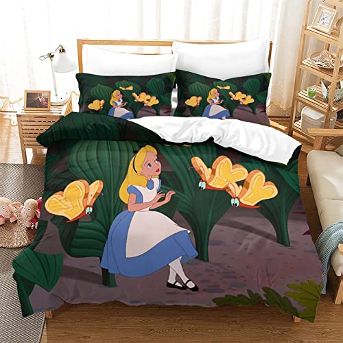 Alice in Wonderland Bettwäsche Bettbezug 200x200 cm Bettwäsche Set mit Reißverschluss und Kissenbezug Jugendliche Kinder Erwachsene Bettbezüge Bequem Hypoallergenic Mikrofaser von KUFRY