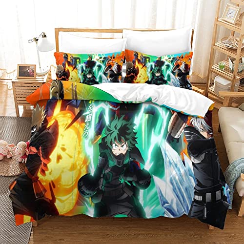 My Hero Academia Bettwäsche Set 3D Bettbezug 200x200 cm Weiche Bequem Hypoallergenic Mikrofaser Bettbezüge mit Kissenbezug und Reißverschluss für Jugendliche Erwachsene Kinder von KUFRY