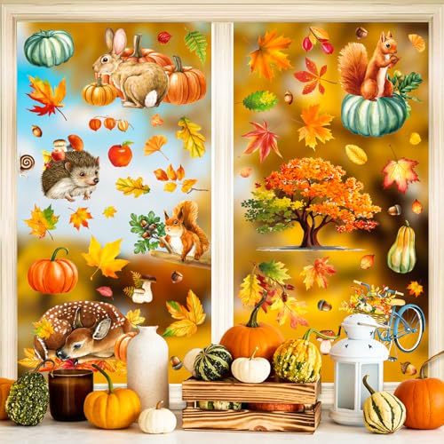 Fensterbilder Herbst, Kürbis Fenster Aufkleber Erntedankfest Blätter Eichhörnchen Fensterbilder Beidseitig Bedruckte Herbstdekore, Fensteraufkleber Anti Kollision für Thanksgiving Herbst Deko von KUHAWL
