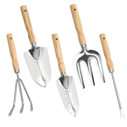 Gartenwerkzeug Set, 5 Teiliges Gartenhandwerkzeuge Ggartenset Gartenschaufel Klein Garden Tool Set, Edelstahlschaufeln Gartenarbeit Kleine Schaufel Holzgriff Handheld Garten Schaufeln von KUHAWL