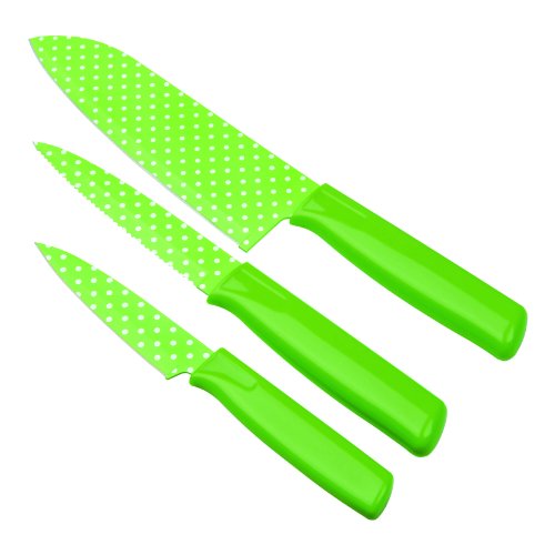 KUHN RIKON 22466 Messer Colori Art CA Polka Dot Küchenmesserset grün gepunktet bestehend aus Gemüsemesser 19,5 cm / Küchenmesser gezackt 23,8 cm und Kochmesser 28,7 cm Edelstahl antihaftbeschichtet von KUHN RIKON
