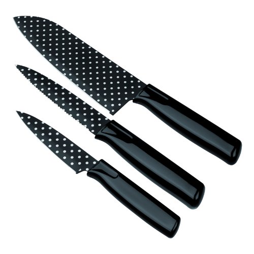 KUHN RIKON 22467 Messer Colori Art CA Polka Dot Küchenmesserset schwarz gepunktet bestehend aus Gemüsemesser 19,5 cm / Küchenmesser gezackt 23,8 cm und Kochmesser 28,7 cm Edelstahl antihaftbeschichtet von KUHN RIKON