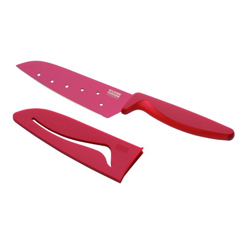 KUHN RIKON 22834 Messer Colori 2 Santokumesser klein dunkelrot ergonomischer Griff 28 cm Karbonstahl antihaftbeschichtet m. Klingenschutz von KUHN RIKON