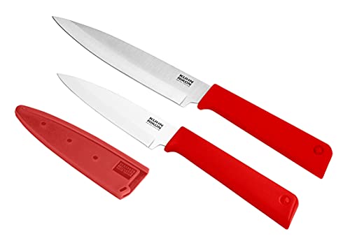 KUHN RIKON COLORI+ Classic Basic Set Rüstmesser und Allzweckmesser mit gerader Klinge und Klingenschutz, antihaftbeschichtet, Edelstahl, rot von KUHN RIKON