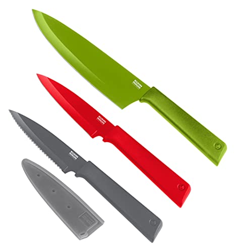 KUHN RIKON COLORI+ Culinary Messer Set 3-teilig, 1x Kochmesser, 1x Rüstmesser gerade Klinge, 1x Rüstmesser gezackte Klinge, Edelstahl, mit Klingenschutz, antihaftbeschichtet, Grün/Rot/Grau von KUHN RIKON