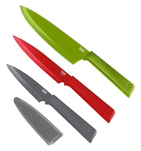 KUHN RIKON COLORI+ Essential Messer Set 3-teilig, 1x Rüstmesser, 1x Allzweckmesser, 1x Kochmesser, Edelstahl, mit Klingenschutz, antihaftbeschichtet, Grün/Rot/Grau von KUHN RIKON