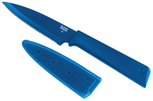 KUHN RIKON COLORI+ Rüstmesser gezackte Klinge mit Klingenschutz, antihaftbeschichtet, Edelstahl, 19 cm, blau von KUHN RIKON