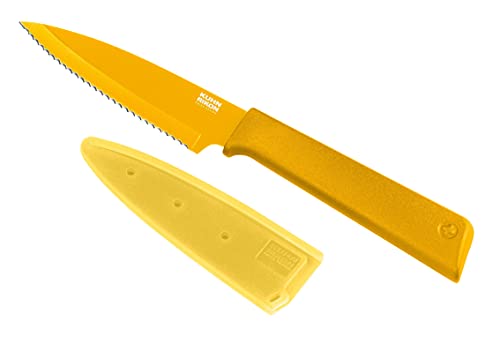 KUHN RIKON COLORI+ Rüstmesser gezackte Klinge mit Klingenschutz, antihaftbeschichtet, Edelstahl, 19.5 cm, gelb, Stainless Steel von KUHN RIKON