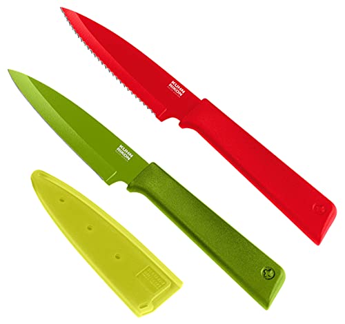 KUHN RIKON COLORI+ Set Rüstmesser gerade Klinge und gezackte Klinge mit Klingenschutz, antihaftbeschichtet, Edelstahl, 19.5 cm, rot/grün von KUHN RIKON