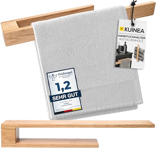 KUINEA® Handtuchhalter ohne Bohren Holz - Moderner Handtuchhalter Holz 40cm aus-100%EICHENHOLZ-für Bad & Küche, Handtuchstange ohne Bohren, Handtuchhalter Eiche, Handtuchhalter Holz Wand Eiche hell90° von KUINEA