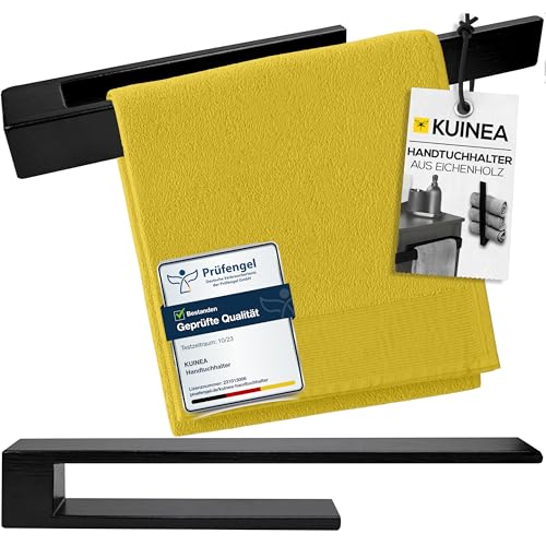 KUINEA® Selbstklebender Handtuchhalter schwarz – Ohne Bohren, 100% Eichenholz, 40 cm – Perfekt für Bad & Küche, einfache Montage, stilvolles Design, schwarz 90° von KUINEA