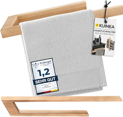 KUINEA® Handtuchhalter ohne Bohren Holz - Moderner Handtuchhalter Holz 40cm aus-100%EICHENHOLZ-für Bad & Küche, Handtuchstange ohne Bohren, Handtuchhalter Eiche, Handtuchhalter Holz Wand Eiche hell60° von KUINEA