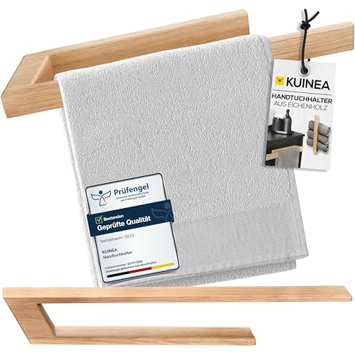 KUINEA® Selbstklebender Handtuchhalter ohne Bohren – 100% Eichenholz, 40 cm Länge – Handtuchstange für Bad & Küche, einfache Montage, modernes Design, nachhaltiges Material, Eiche hell 60° von KUINEA