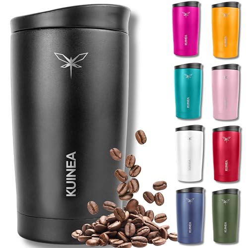 KUINEA Kaffeebecher To Go 350ml [100% auslaufsicher] Edelstahl Thermobecher Kaffee, bis 6h warm, Coffee To Go Becher mit hygienischem Spezial-Verschluss, Travel Mug für Kaffee & Tee, BPA-frei, schwarz von KUINEA
