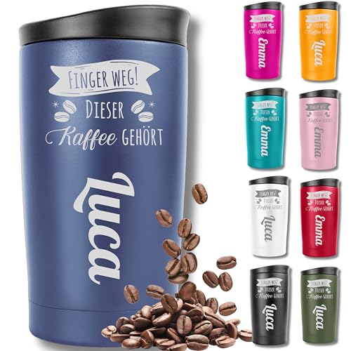KUINEA Thermobecher personalisiert [100% auslaufsicher] Kaffeebecher To Go personalisiert 350ml, Kaffeebecher mit Gravur, Coffee To Go Becher personalisiert, kaffeebecher personalisiert blau von KUINEA