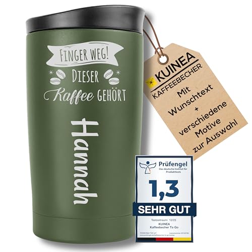 KUINEA Kaffeebecher To Go personalisiert 350ml [100% auslaufsicher] Thermobecher personalisiert, Kaffeebecher mit Gravur, Coffee To Go Becher personalisiert mit hygienischem Spezial-Verschluss grün von KUINEA