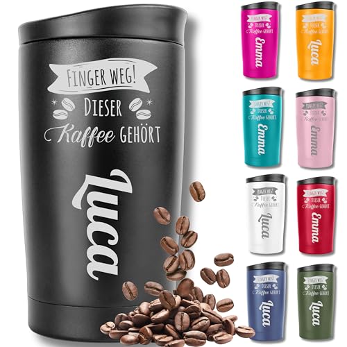 KUINEA Thermobecher personalisiert [100% auslaufsicher] Kaffeebecher To Go personalisiert 350ml, Kaffeebecher mit Gravur, Coffee To Go Becher personalisiert, kaffeebecher personalisiert schwarz von KUINEA