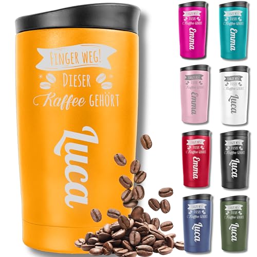KUINEA Thermobecher personalisiert mit Gravur – [100 % auslaufsicher] Coffee To Go Becher 350 ml – personalisierter Kaffeebecher Edelstahl – orange – ideale Geschenkidee für Männer & Frauen von KUINEA