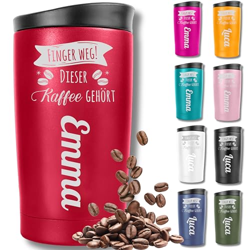 KUINEA Thermobecher personalisiert mit Gravur – [100 % auslaufsicher] Coffee To Go Becher 350 ml – personalisierter Kaffeebecher Edelstahl – rot – ideale Geschenkidee für Männer & Frauen von KUINEA