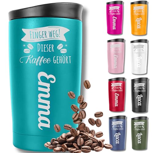 KUINEA Thermobecher personalisiert mit Gravur – [100 % auslaufsicher] Coffee To Go Becher 350 ml – personalisierter Kaffeebecher Edelstahl – türkis – ideale Geschenkidee für Männer & Frauen von KUINEA