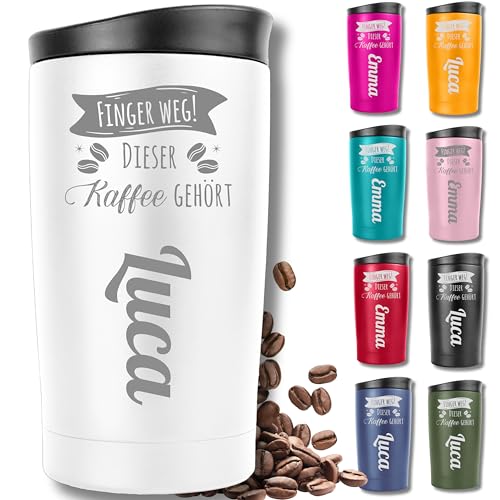 KUINEA Thermobecher personalisiert mit Gravur – [100 % auslaufsicher] Coffee To Go Becher 350 ml – personalisierter Kaffeebecher Edelstahl – weiß – ideale Geschenkidee für Männer & Frauen von KUINEA