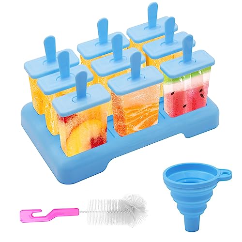 Eisformen Silikon, Eisform Kinder, 9 wiederverwendbar Popsicle Formen mit einer Reinigungsbürste und Silikon Falttrichter (Blau) von KUIRUNRX