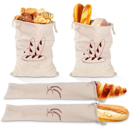 KUIZHEN Brotbeutel Leinen, 4er Set Brotsack mit Kordelzug Baguette Brotsack Leinenbeutel Wiederverwendbar für Brot Backen Obst Gemüse Aufbewahrung Frischhalten Brottasche von KUIZHEN