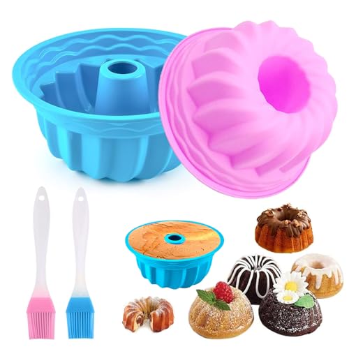 KUIZHEN Gugelhupfform Silikon, 2 Stück Backform Ø 16.5 cm Gugelhupf Kuchenform Hochwertige Silikon-Kuchenform für Kuchen Brot (Blau, Rosa) von KUIZHEN