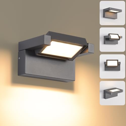 Außenleuchte Wand 12W LED,Wandleuchte Außen Innen,IP65 wasserdichte Außenwandleuchte 3000K Warmweiß Aussenleuchte,Wandlampe mit 350° Schwenkbar Panel, Außenlampe für Garten Terrasse Balkon Dunkelgrau von KUKAK