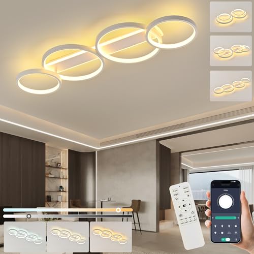 KUKAK LED Deckenlampe,Einstellbar Ringform Wohnzimmerlampe 4 Flammig mit unteres Glühen,60W Dimmbar Mit Fernbedienung Deckenleuchte,3000K-6000K Kronleuchter für Schlafzimmer Wohnzimmer Büro,weiß 86cm KUKAK LED Deckenlampe,Einstellbar Ringform Wohnzimmerlampe 4 Flammig mit unteres Glühen,60W Dimmbar Mit Fernbedienung Deckenleuchte,3000K-6000K Kronleuchter für Schlafzimmer Wohnzimmer Büro,weiß 86cm von KUKAK